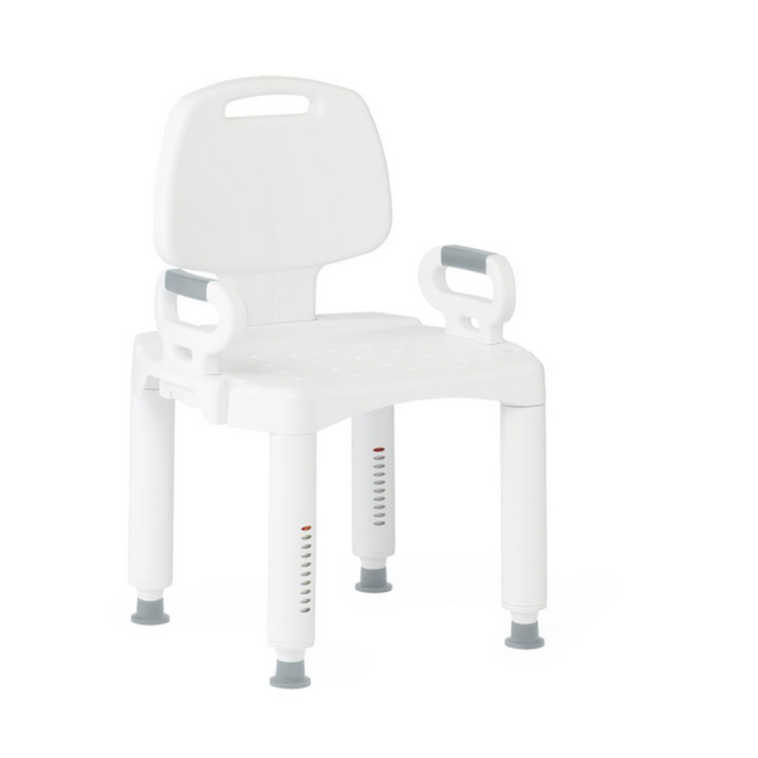 The Medline Premium Plastic Shower Chair with Backrest is height-adjustable, featuring a white design with armrests. It includes slip-resistant legs for stability and drainage holes on the seat for safety and comfort.